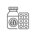 Pill bottle and blister line black icon. Pharmaceutical product. Dementia treatment. Sign for web page, mobile app, button, logo.