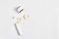 the pill bottle, container, blister medicine on white background. Royalty Free Stock Photo