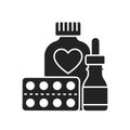 Pill bottle drops and blister black glyph icon. Pharmaceutical product. Health care symbol. Pictogram for web page