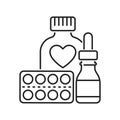 Pill bottle drops and blister black icon. Pharmaceutical product. Health care symbol. Pictogram for web page, mobile app