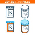 The pill bottle. Flat and isometric 3d outline icon set. Royalty Free Stock Photo