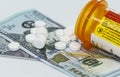 Oxycodone pills on 100 dollar bills Royalty Free Stock Photo