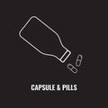 Pill bottle line icon. Pour out capsules or pills. Outline art vector illustration.