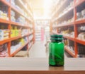 Pill bottle on table with pharmacy store Royalty Free Stock Photo