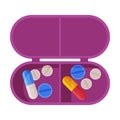 Pill Box Organizer, Pills and Capsules in Plastic Container Flat Style Vector Illustration on White Background Royalty Free Stock Photo