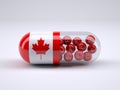 Pill with Canadian flag wrapped around it and red vitamins ball