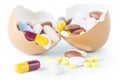 Pill capsule into egg shell broken concept idea health.