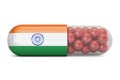 Pill capsule with India flag. Indian health care concept, 3D