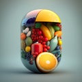 Pill capsule made with fruits and vegetables. nutrition concept