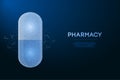 Pill capsule made by polygonal wireframe mesh. Low poly tablet. Concept of treatment, medical, pharmacy, health. Vector.