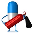 Pill character with fire extinguisher Royalty Free Stock Photo