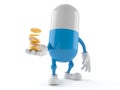 Pill character with stack of coins Royalty Free Stock Photo