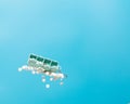 Daily pill drug medicine box container falling down to patient. Many kind of drugs pills medicines to help patient fly to senior. Royalty Free Stock Photo