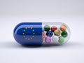 Pill with European flag wrapped around it and colored balls inside