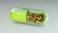 Pill with fruits, conceptual 3D illustration. Biological active additives, vitamins, healthy nutrition concept