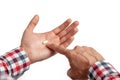 Pill in man`s hand on white background Royalty Free Stock Photo