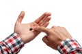 Pill in man`s hand on white background Royalty Free Stock Photo