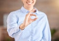 Pill, medicine and product in woman hand for healthcare and medical wellness. Success, insurance and trust of a Royalty Free Stock Photo