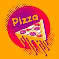 Pizza logo. Funny cartoon illustration. Large piece of pizza with stretchy melted cheese.