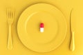 Pill on plate. Food concept. 3D illustration.