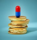 Pill standing on generic coin pile. 3D illustration