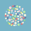 Pill and tablets, medicine isolated on background. Heap of medicines, capsules, drug