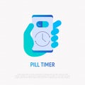 Pill timer, health mobile app: hand holds smartphone, showing time for drug on screen. Flat gradient icon. Modern vector