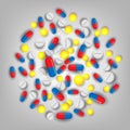 Pill and vitamins, medicine isolated on background. Heap