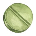 Pill watercolor clipart showcasing a round, light green tablet with a bisecting line, ideal for medical and wellness