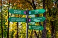 A pillar with direction signs in Gorky Park in Kharkov. Many green arrows on a metal column