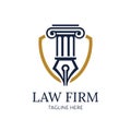 Pillar, fountain pen and shield shaped logo for law firms. Law logo for justice, lawyer, law firm company or person. Vector EPS 10 Royalty Free Stock Photo