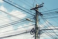 Pillar with lots of wires and a street lamp on the sky background