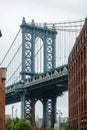 Pillar of Manhattan Bridge from alley in Dumbo district in Brooklyn Royalty Free Stock Photo