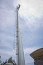 Pillar spotlights Sky blue . lamp post ,electricity industry, Light stadium or Sports lighting isolated on blue background.Stadium Royalty Free Stock Photo