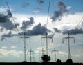 Pillars of line power electricity on background blue sky Royalty Free Stock Photo