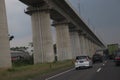 pillars supporting the Bandung-Jakarta high-speed rail line on the side of the Padalarang Cileunyi toll road
