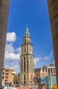 Pillars of the town hall and the Martini tower in Groningen