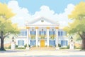 pillars of white greek revival mansion, magazine style illustration