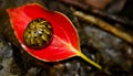 Pillbug on bright red fallen leaf Royalty Free Stock Photo