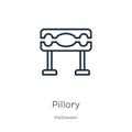 Pillory icon. Thin linear pillory outline icon isolated on white background from halloween collection. Line vector pillory sign,