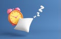 pillow alarm clock orange bedroom time snooze dream night morning day alert sleep. Start the day overtime work sleepless wake up.