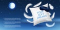 Pillow banner. Sleep in comfort advertising. Flying feather and mask. Orthopedic comfortable cushion, 3d isolated