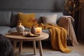 home pillow cushion lifestyle interior grey yellow sofa house decor modern. Generative AI.
