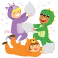 Pillow fight in animal onesies