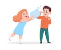 Pillow fight. Cheerful girl beats displeased boy. Aggression, bad manners and evil games. Child misbehavior, preschool Royalty Free Stock Photo