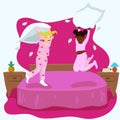 Pillow fight girls. Illustration in pink colors. Vector graphics Royalty Free Stock Photo