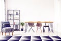 Pillow on grey armchair and geometric carpet in bright dining room with plant on the floor next to wooden table with chairs Royalty Free Stock Photo