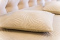 A pillow with a leaf design sits on a bed Royalty Free Stock Photo