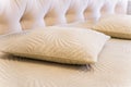 A pillow with a leaf design sits on a bed Royalty Free Stock Photo