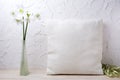 Pillow mockup with white lily flowers and silk ribbons Royalty Free Stock Photo